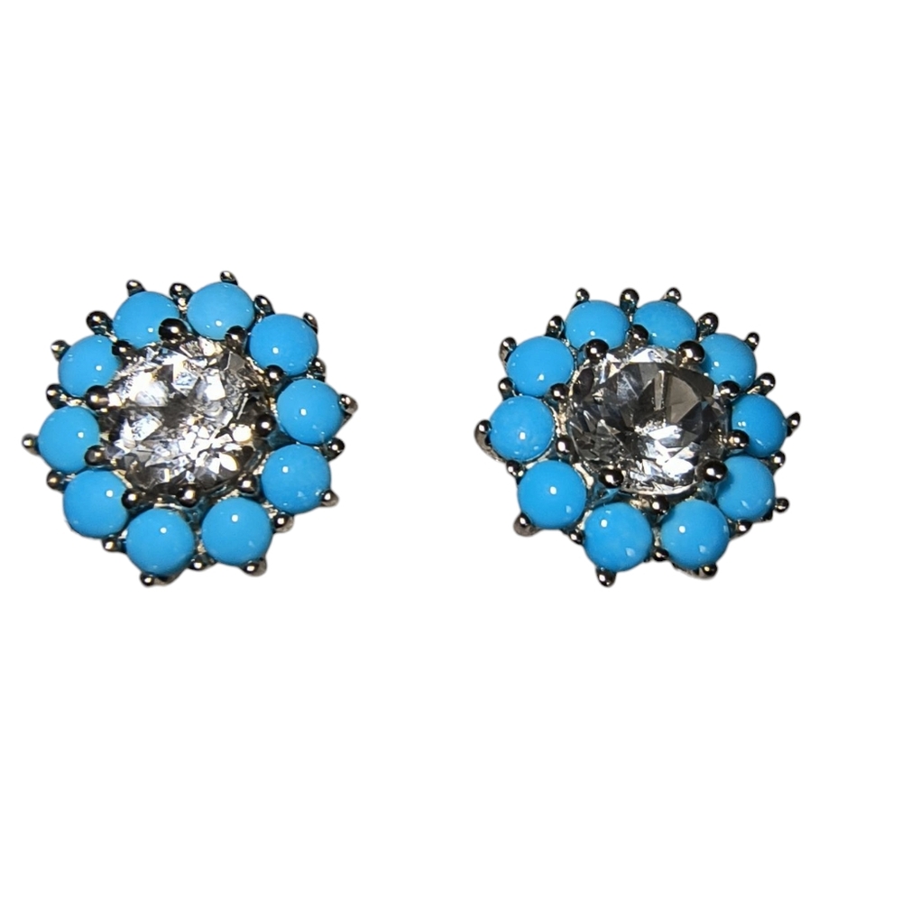 Sleeping Beauty Turquoise, White Topaz and Sterling Silver Halo Earrings New